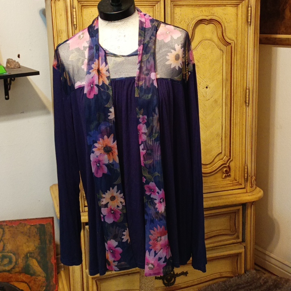 Womens long sleeve blouse sheer floral print Plus sz 2X 18 ROSEGAL